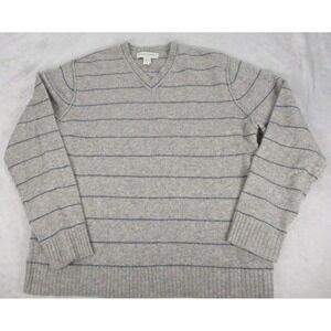 Banana Republic Lambs Wool‎ Sweater Mens Large Gray Striped V-Neck Pullover Knit